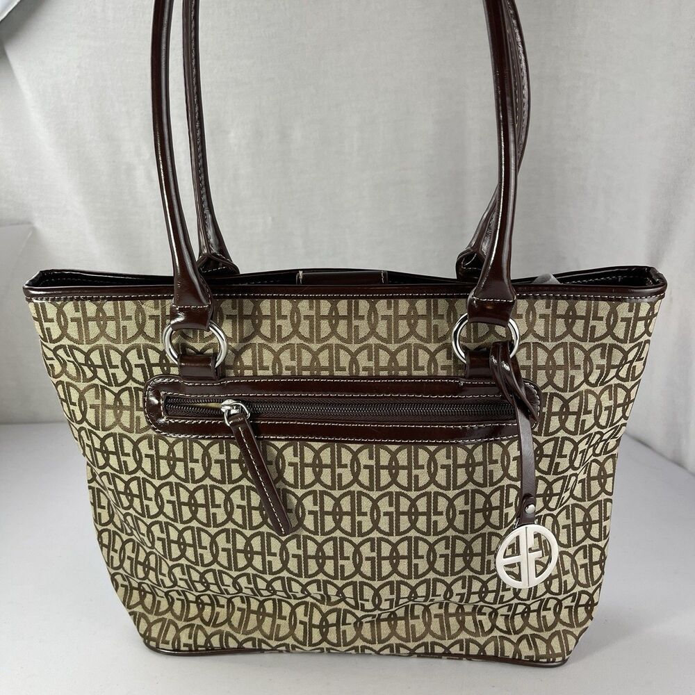 Giani Bernini Purse Brown Logo Shoulder Bag Large Handbag Inner Outer Pockets